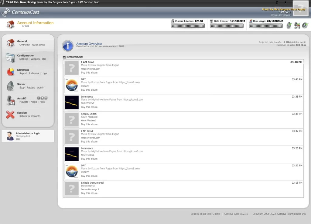 CentovaCast Account Overview screenshot